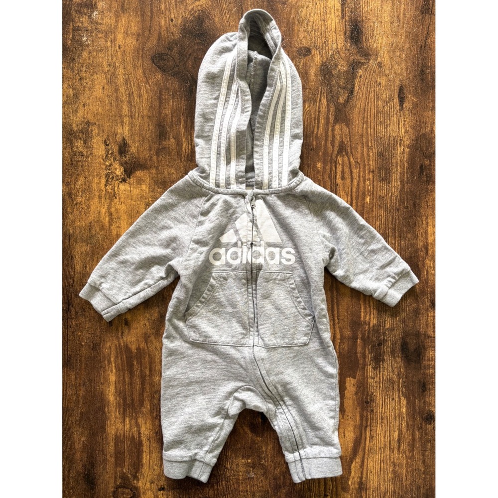 Adidas Infant Gray Hooded Coverall Romper 3M Logo Zip Up Baby One Piece